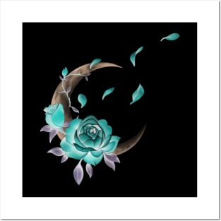 Romantic Half Crescent Moon with Roses and Leaves Posters and Art